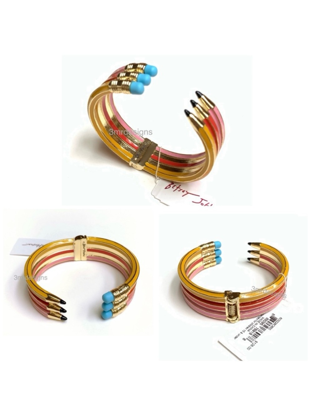NWT Betsey Johnson💋TRIPLE PENCILS Gold Tone Enamel Bold Hinge Bangle Bracelet